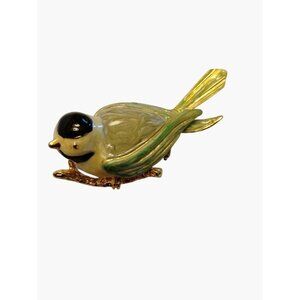 Brooch Tit Bird Green Gold Enamel Vintage Birder Twitcher Ornithologist Gift